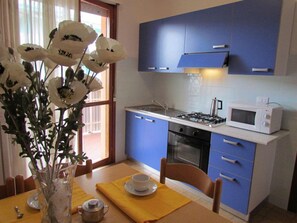 Kühlschrank, Mikrowelle, Herdplatte, Kochgeschirr/Geschirr/Besteck