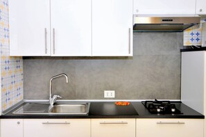 Fridge, microwave, stovetop, cookware/dishes/utensils