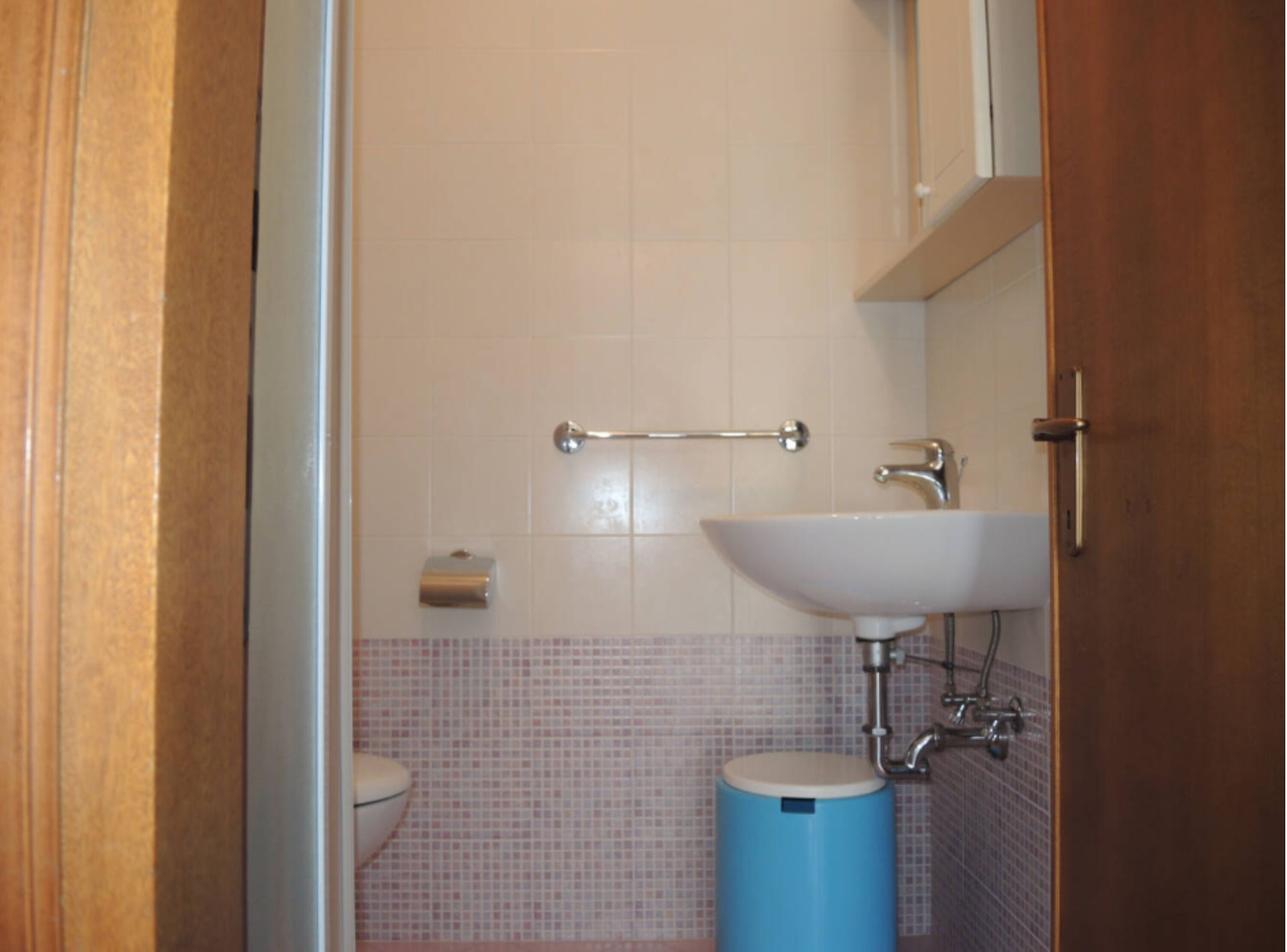 Ein Badezimmer mit einem weißen Waschbecken, einer Toilette und einer blauen Mülleimer.