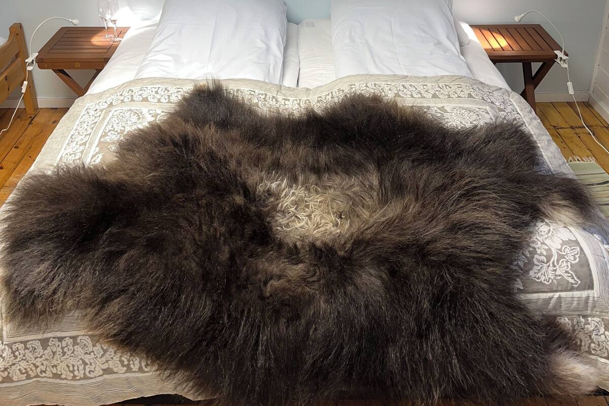 A bedroom with a large bed, two bedside tables, a nightstand, and a wall-mounted picture.