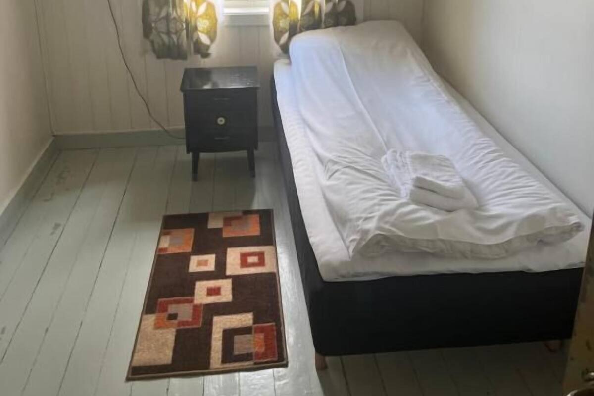 A bedroom with a bed, a nightstand, a window with curtains, and a patterned rug.