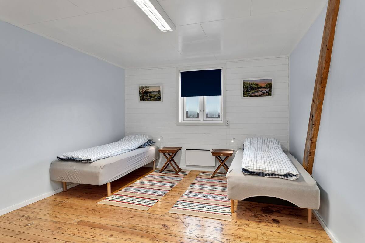 A room with two single beds, a window with a view, and a radiator.
