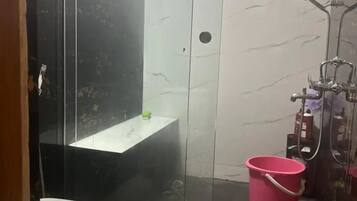 Hair dryer, towels, soap, shampoo