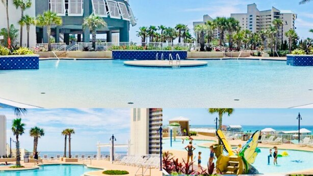 A resort with a large pool, palm trees, and a building with a curved facade. - PCB SNOWBIRDS PARADISE/GOLF/5POOLS/SOME HEATED/STEPS TO BEACH (Panama City Beach)