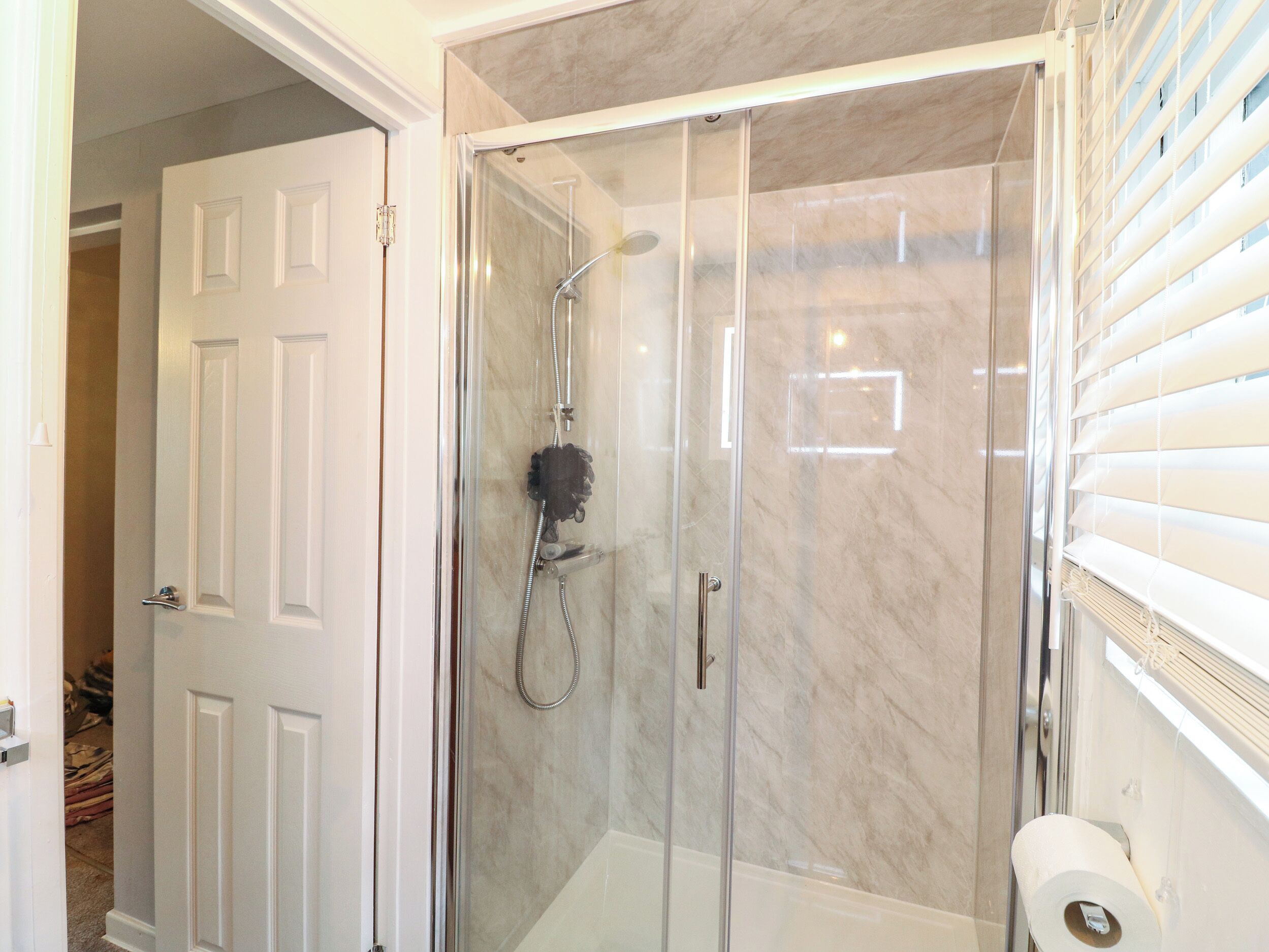 A glass-enclosed shower with a handheld showerhead, a handheld showerhead, and a toilet paper holder.