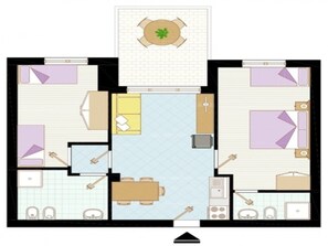 Indeling van een appartement met twee slaapkamers, een eethoek, keuken en een klein balkon.