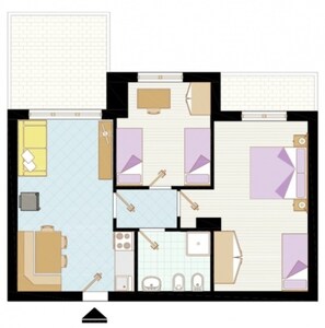 A floor plan of a hotel room with a kitchenette, a bathroom, and a living area.