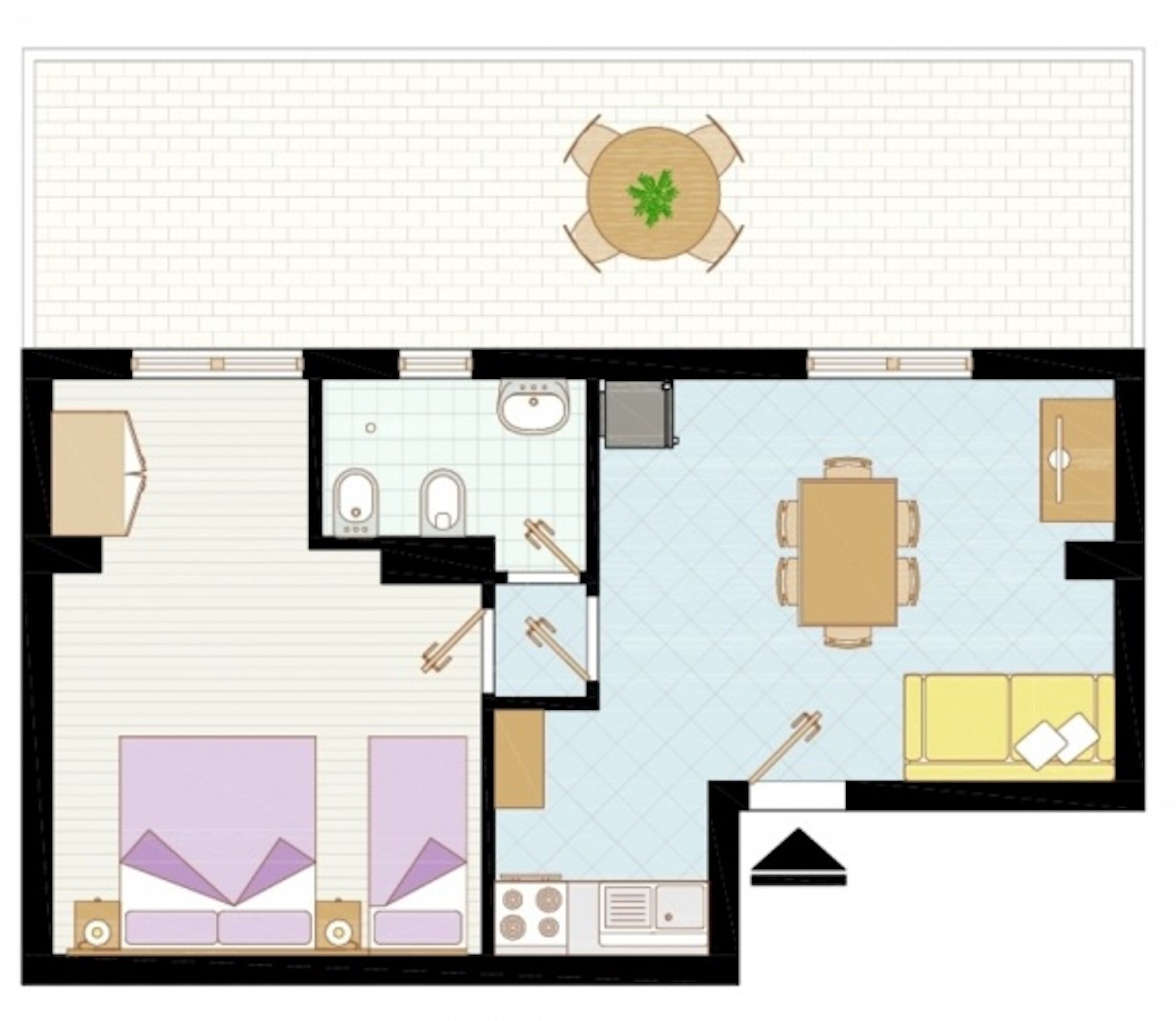 A floor plan of a hotel room with a bed, a desk, a chair, a sofa, a small kitchen area, and a bathroom.