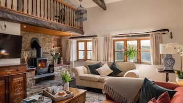 Smart TV, fireplace, DVD player, foosball