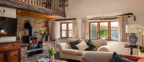 Smart TV, fireplace, DVD player, foosball