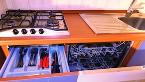 A kitchen with a stove, sink, and a dishwasher drawer.
