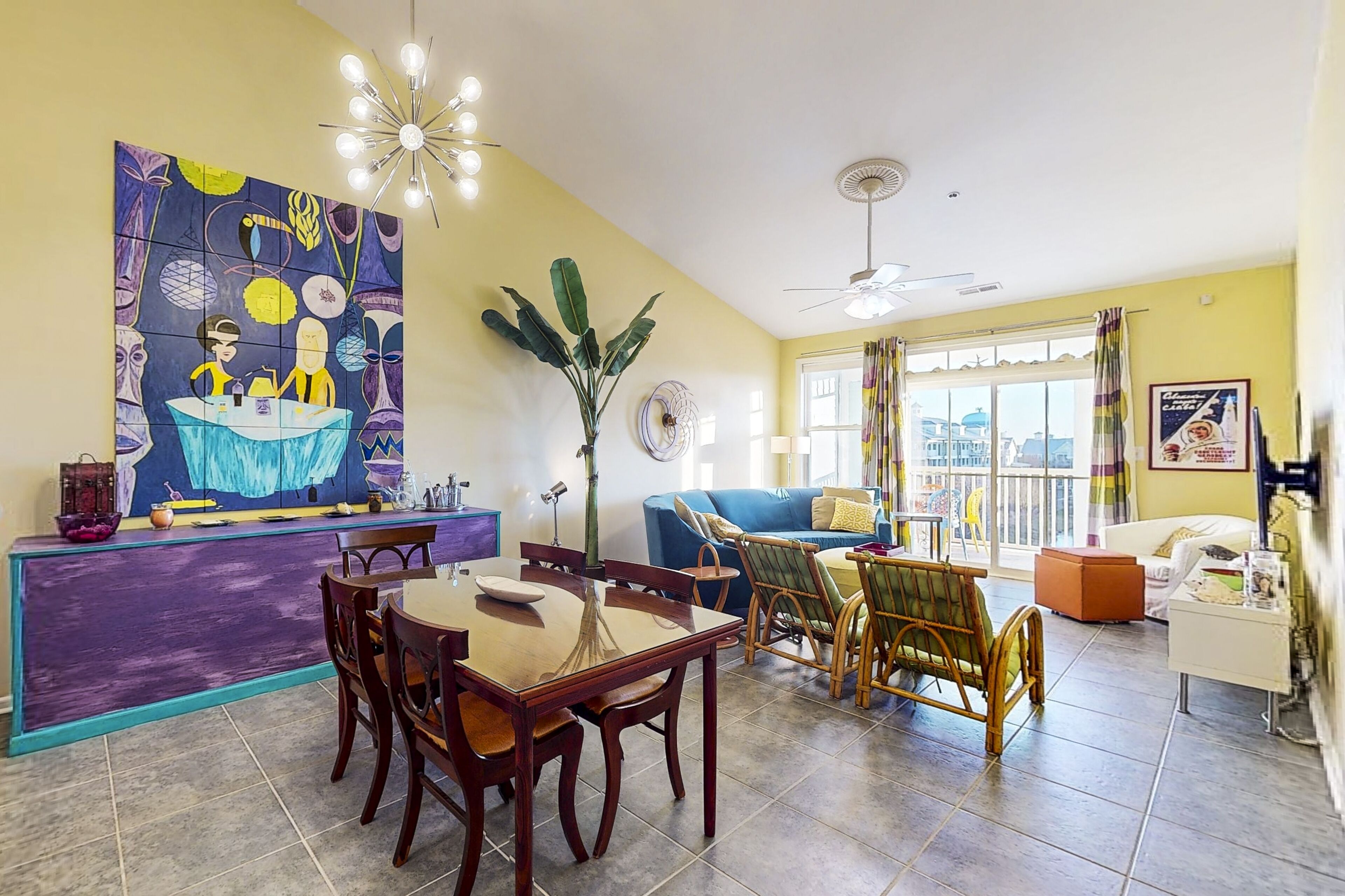 Fountain-view 4th-floor condo with 3 private beaches, pools, gym, balcony, W/D