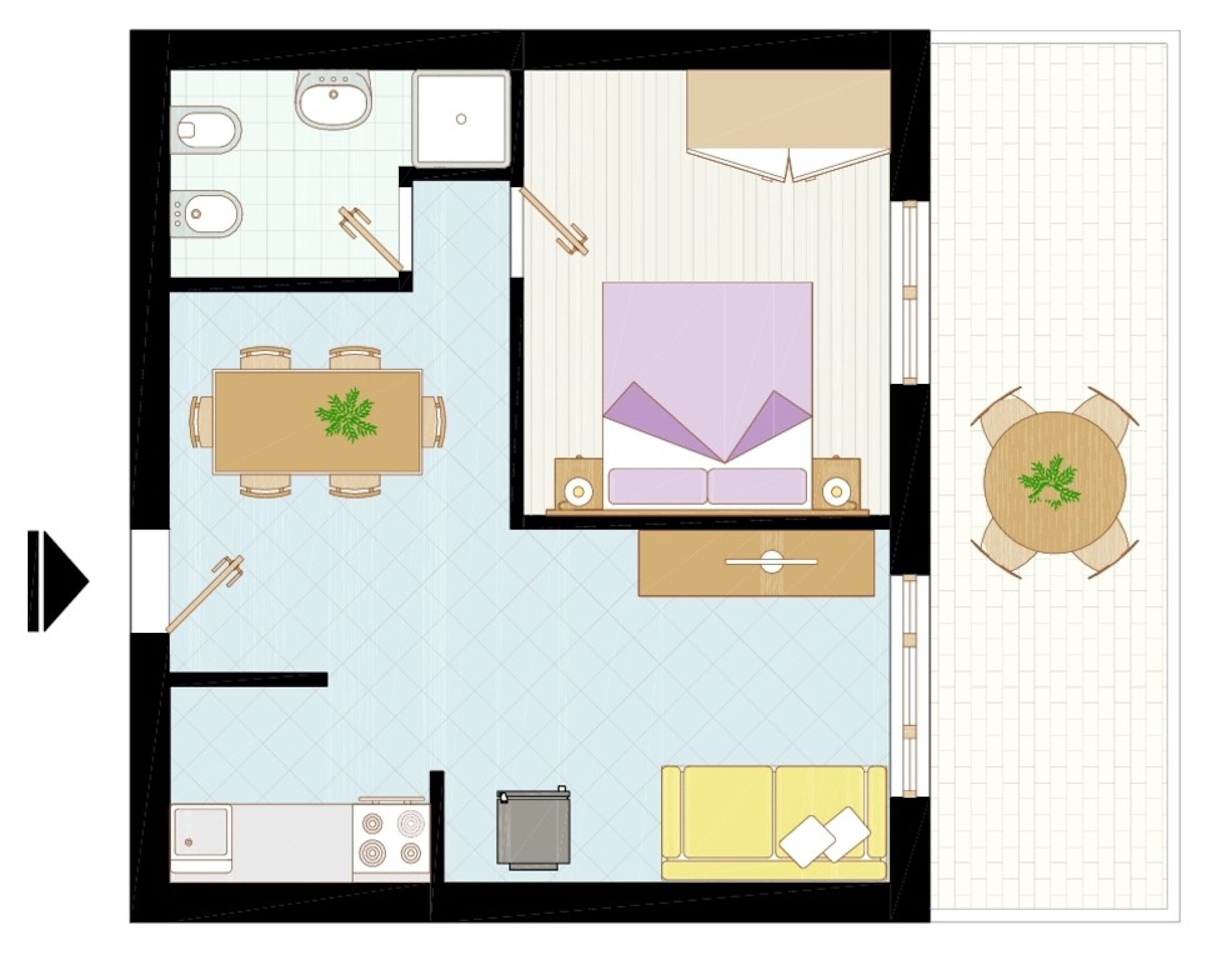 Un appartement comprenant deux chambres, une cuisine, un coin repas, un salon et un petit balcon.