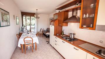 Kühlschrank, Mikrowelle, Herdplatte, Kochgeschirr/Geschirr/Besteck