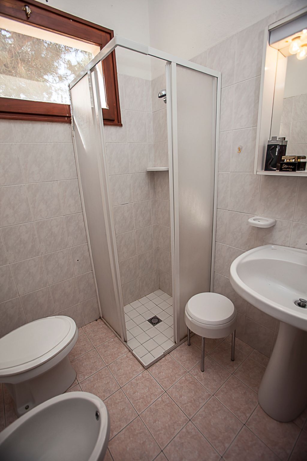 A bathroom with a shower enclosure, a toilet, a bidet, and a sink.