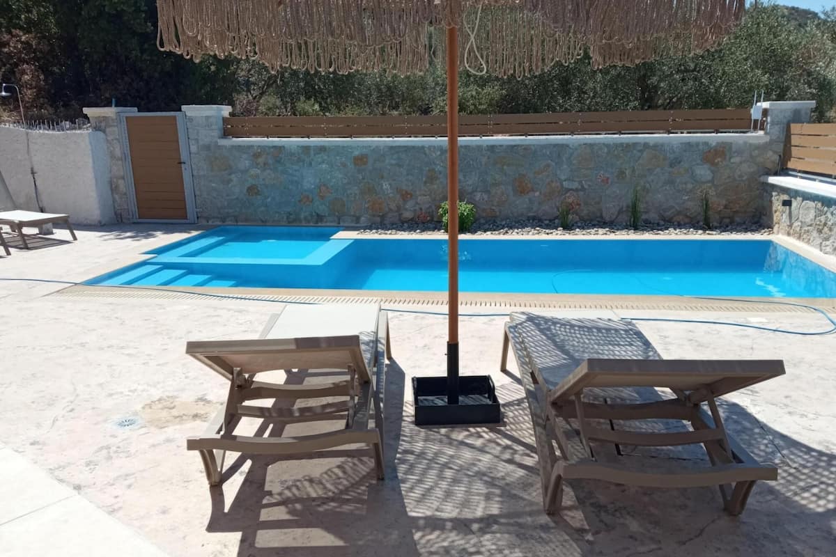 A swimming pool with two wooden lounge chairs and a thatched umbrella.