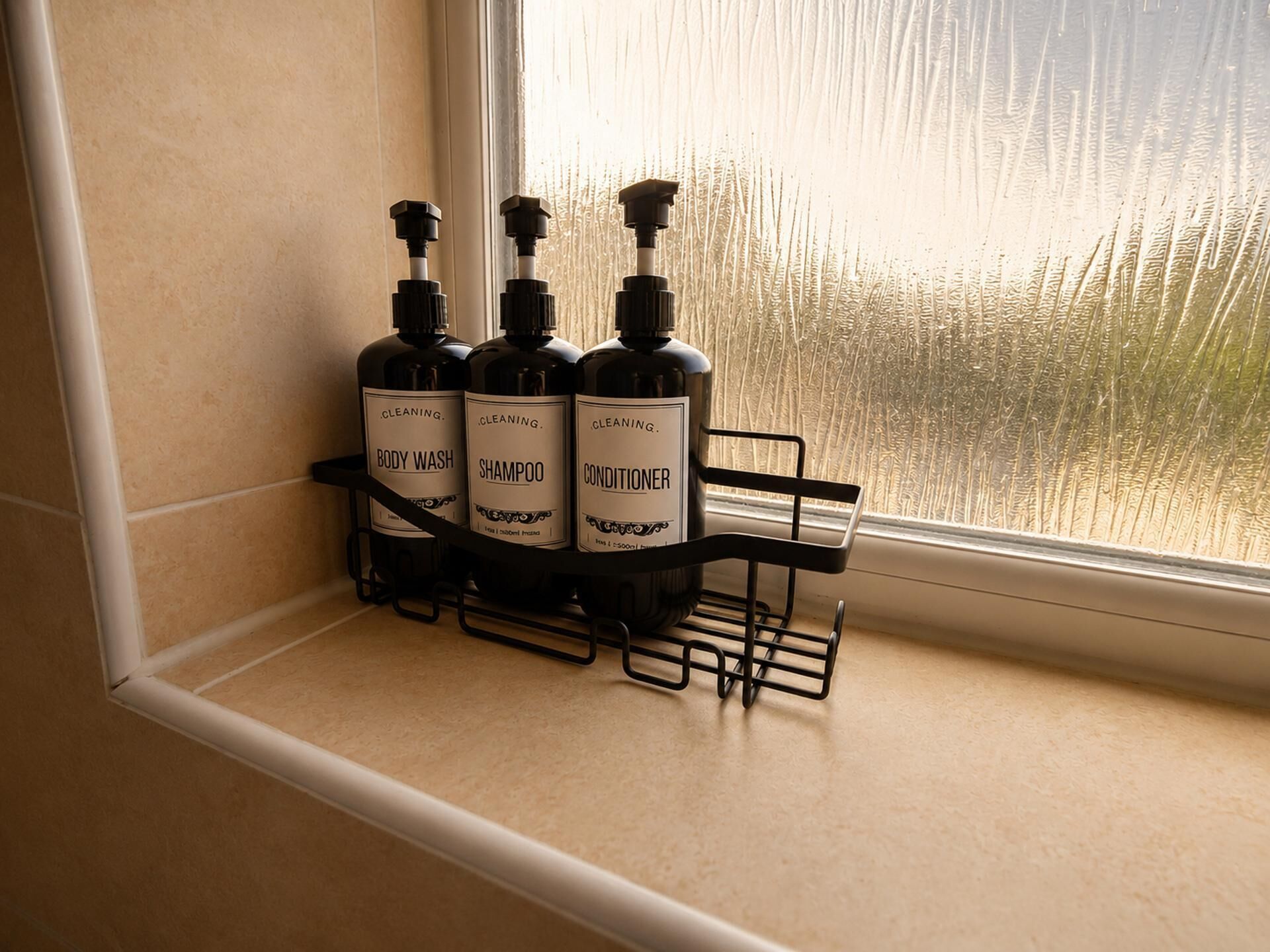 A bathroom shelf with three bottles of body wash, shampoo, and conditioner.