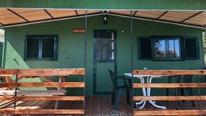 A green building with a sign reading "ORION" above the door.