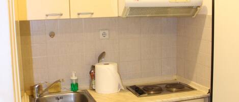 A compact kitchen with a sink, a small refrigerator, and a stove.
