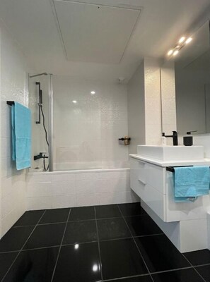 Hair dryer, towels, soap, shampoo