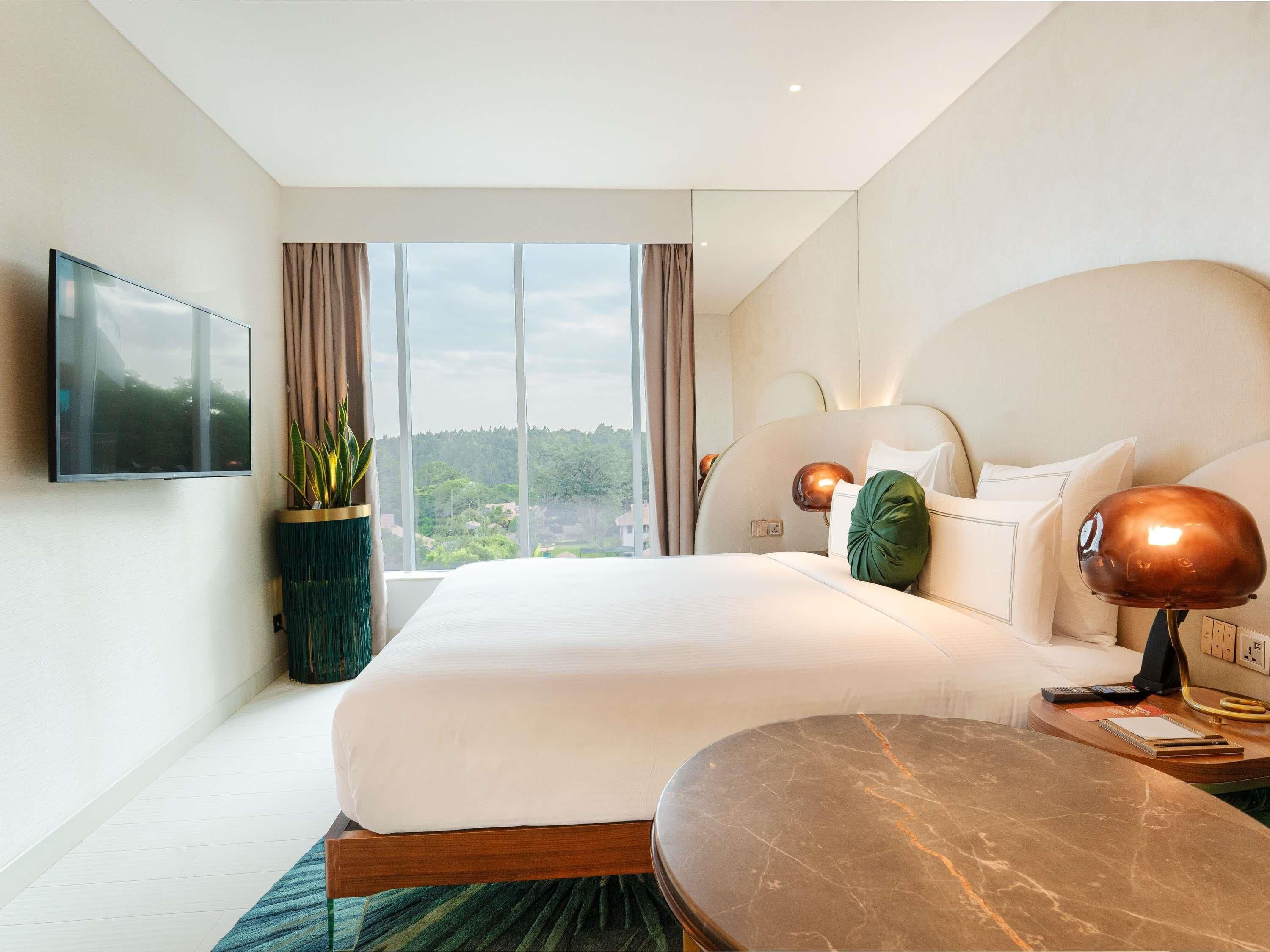 A modern hotel room with a large bed, a flat-screen TV, a potted plant, and a view of the outdoors.