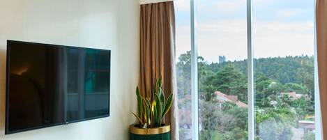 Ein Hotelzimmer mit großem Fenster, einem wandmontierten Flachbildfernseher und einer Zimmerpflanze im Zierteichofen.