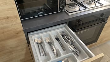 Fridge, oven, cookware/dishes/utensils