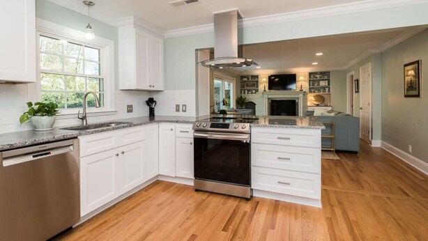 A modern kitchen with white cabinetry, a stainless steel stove, and a dishwasher.