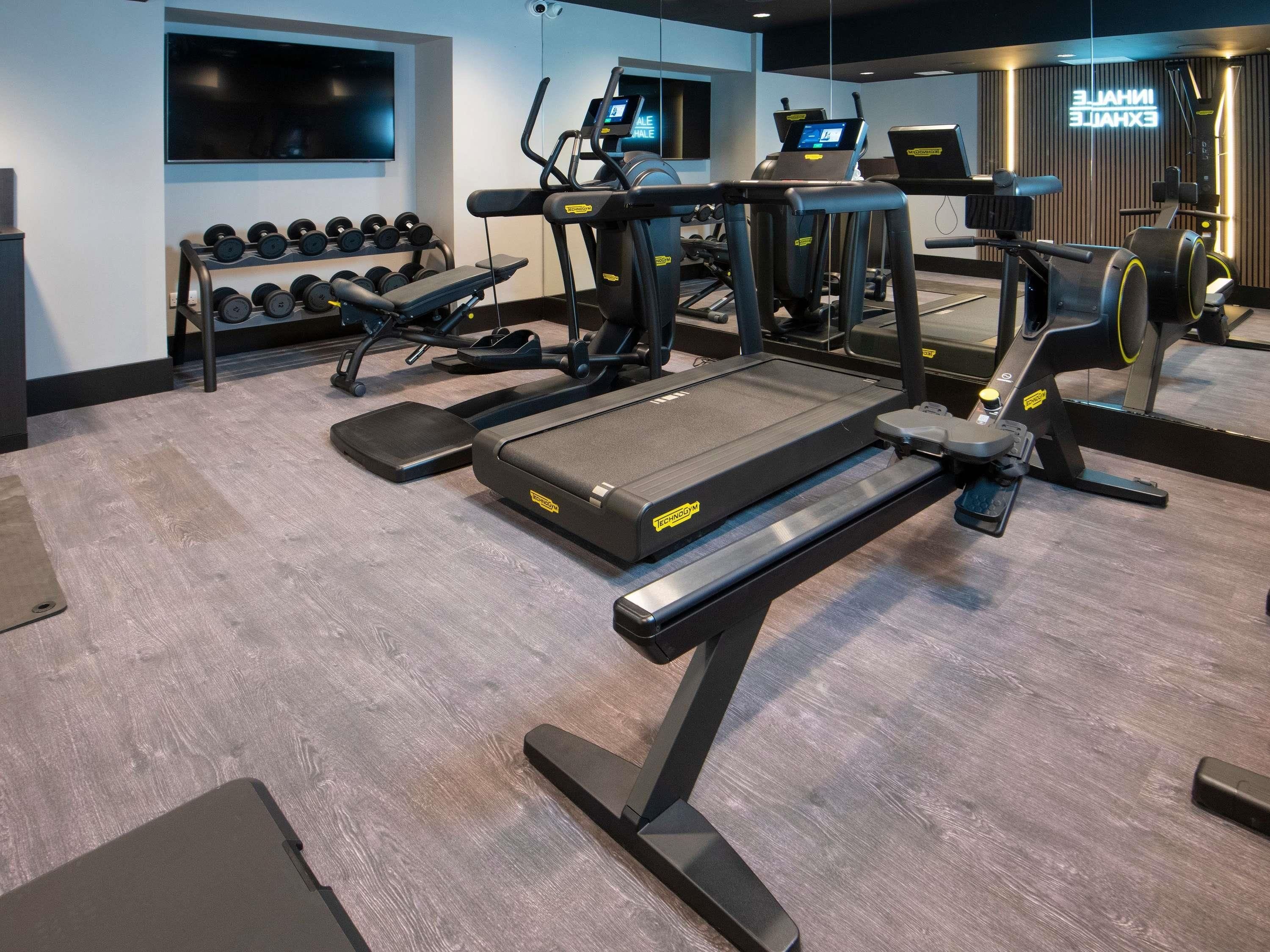 A gym with treadmills, dumbbells, and exercise equipment.