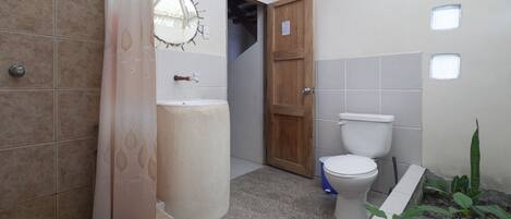 A bathroom with a toilet, sink, and shower area.
