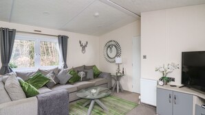 A modern living room with a grey sofa, green cushions, a glass coffee table, and a TV on a wooden cabinet.