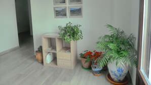 A hallway with a wooden floor, a small wooden cabinet with drawers, and several potted plants.