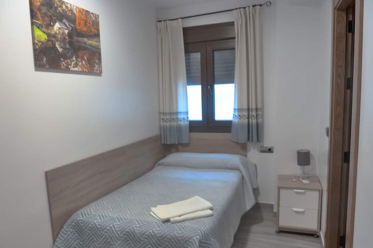 Habitación individual básica | Espacio para trabajar con laptop, wifi gratis y ropa de cama