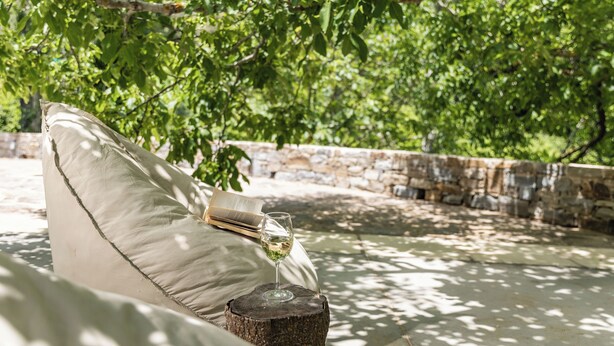 A cozy outdoor seating area with a cushion, a book, and a glass of white wine on a wooden stump. - Serenity Village (Naxos)