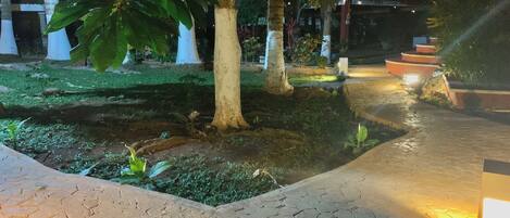 Un sendero pavimentado que conduce a un edificio, rodeado de árboles y follaje.