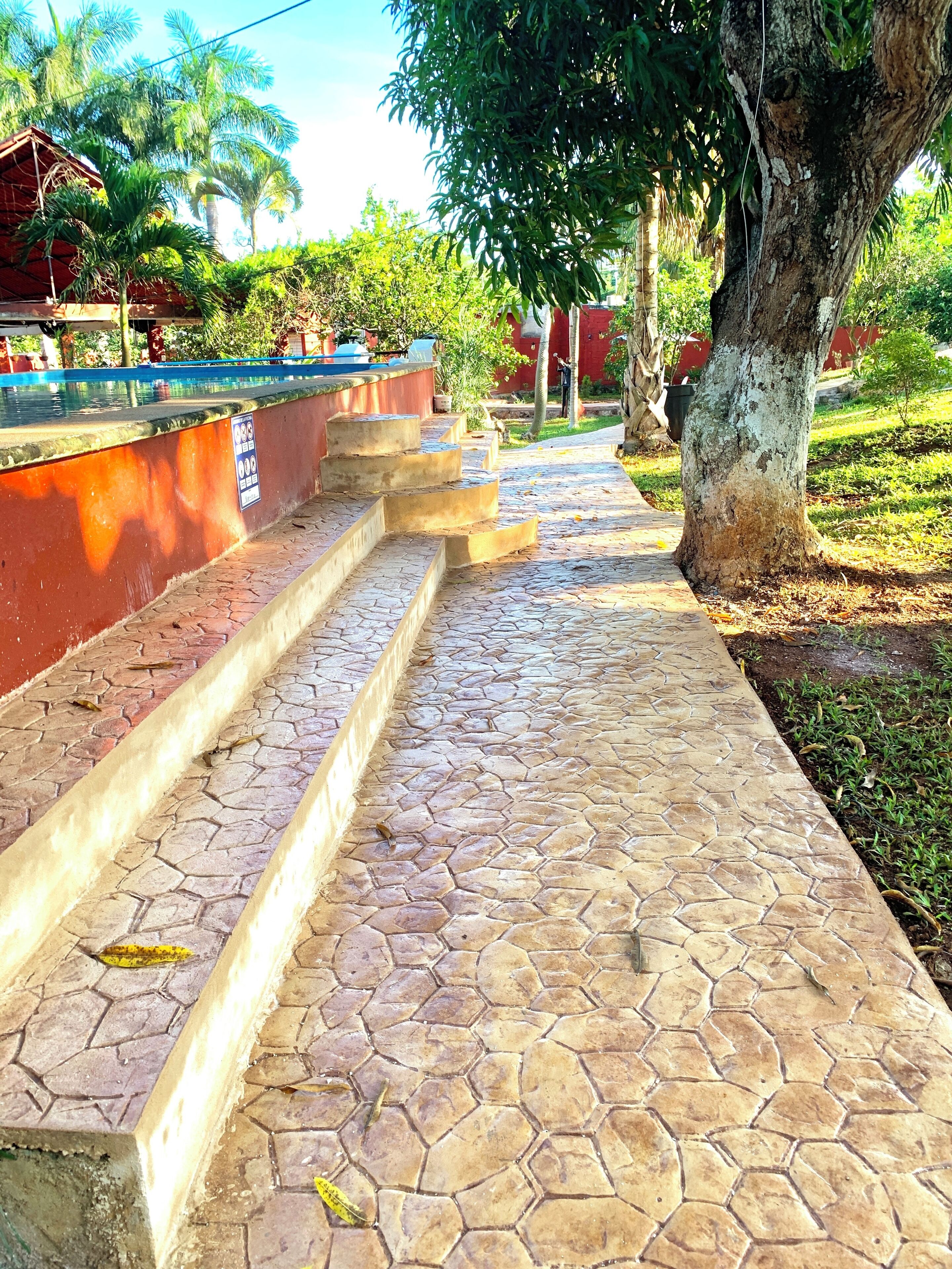 Un camí amb rajoles hexagonals que condueix a una zona de piscina, envoltada de vegetació i un edifici vermell.