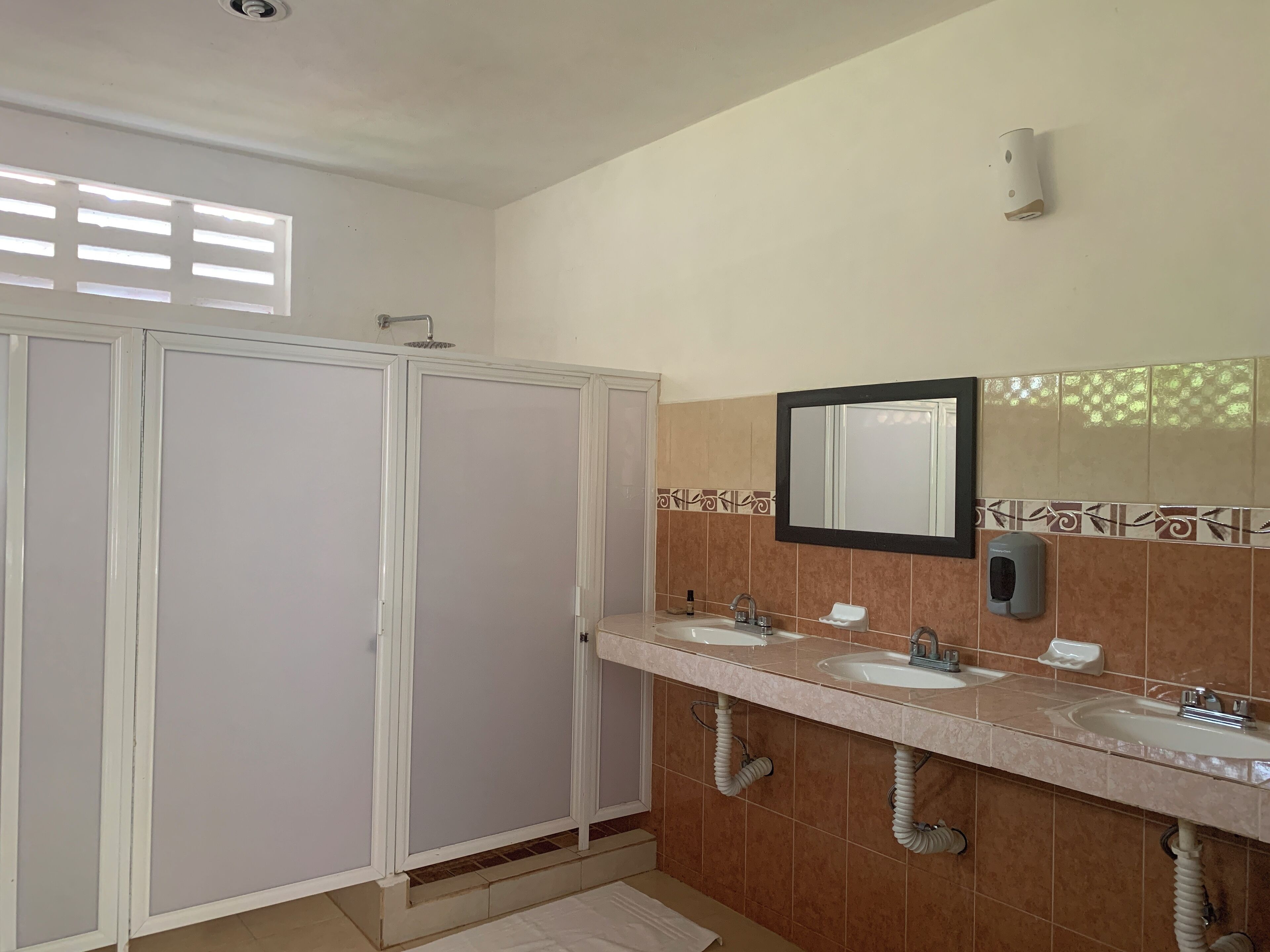 A bathroom with two sinks, a mirror, and a shower enclosure.