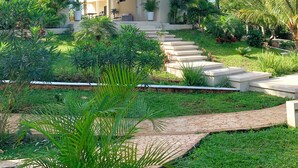 Ein modernes Haus mit Garten, eine Treppe zum Eingang und einem klaren Himmel.