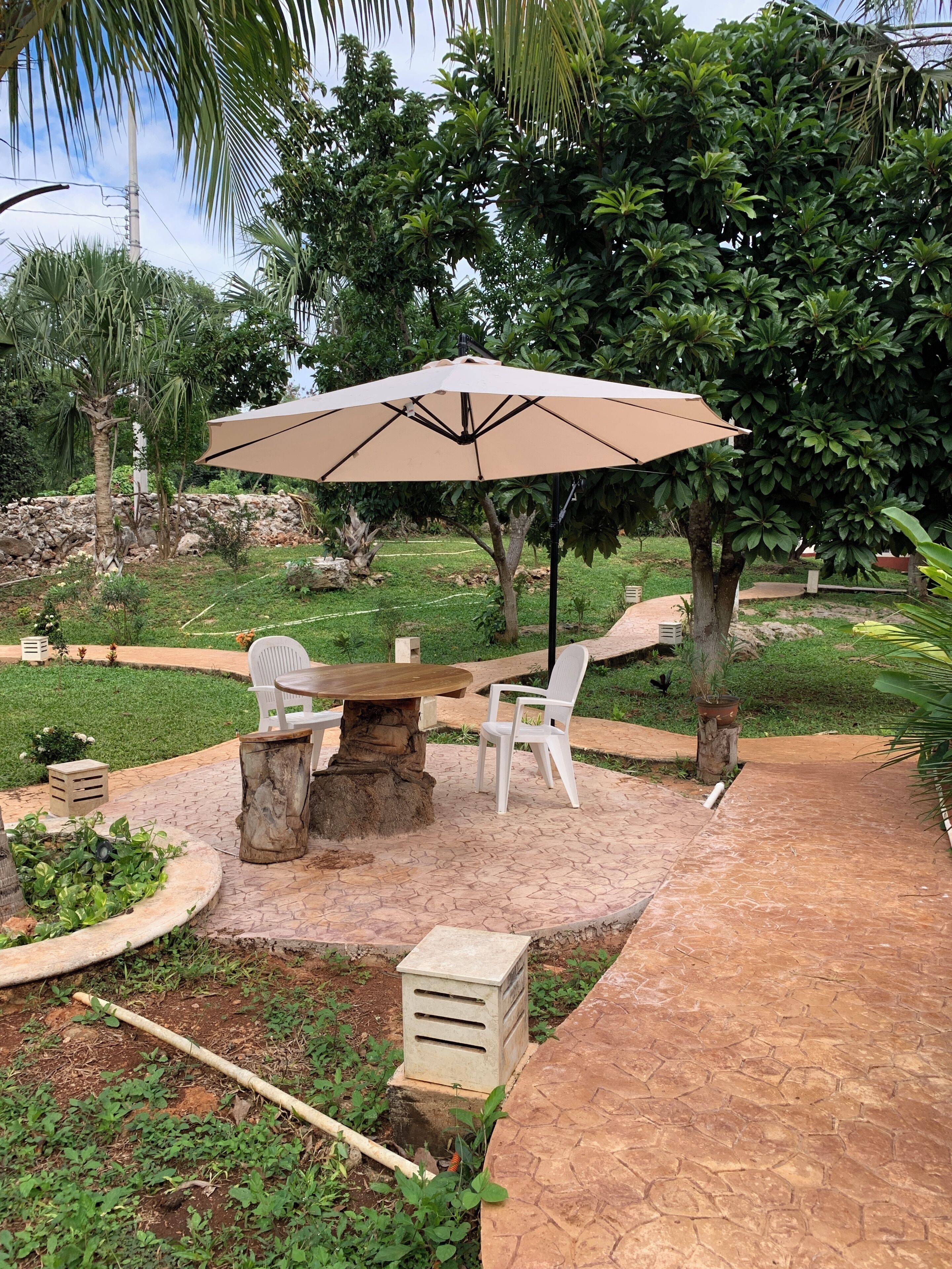 An outdoor patio with a table and chairs, surrounded by lush greenery and a stone pathway.