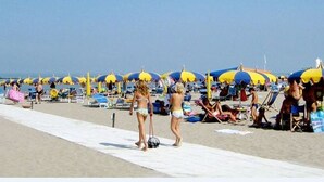 Una spiaggia con file di ombrelloni e lettini.