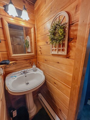 A wooden interior with a white sink, a mirror, and a window with a plant.