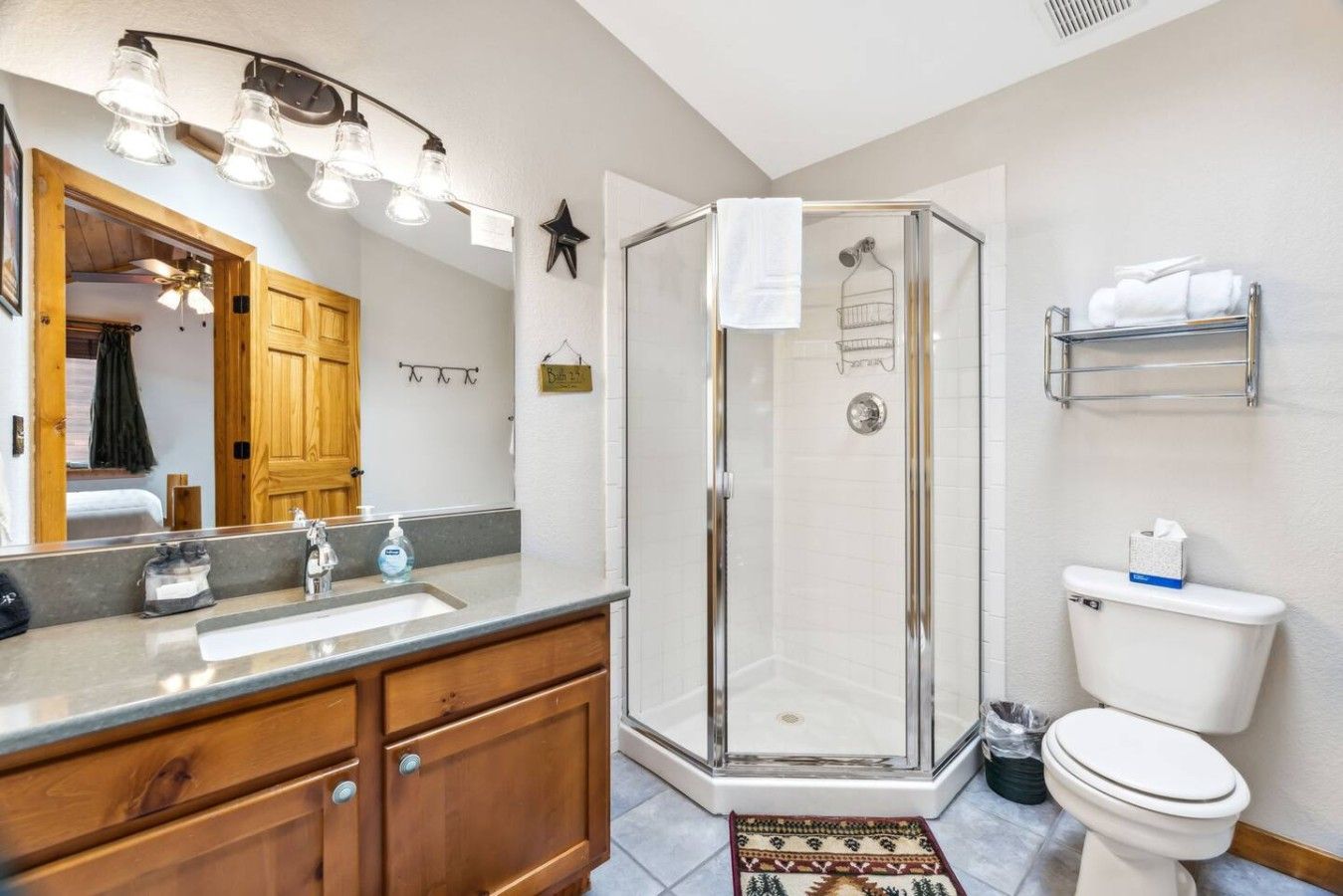 Une salle de bain avec une douche à parois de verre, un lavabo avec un miroir, des meubles en bois et des toilettes.
