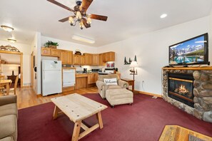 Smart TV, fireplace, DVD player, video library