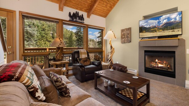 Un salón acogedor con chimenea, asientos cómodos y ventanas amplias con vistas al exterior.