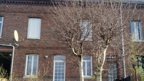 Una casa de maó amb una porta principal, finestres i un petit jardí amb dues arbres.