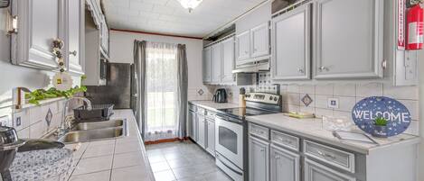 Fridge, microwave, oven, high chair