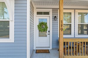 Exterior detail - Spotted by the Sea. 0.3 mi to beach. Sleeps 9. (Oak Island)