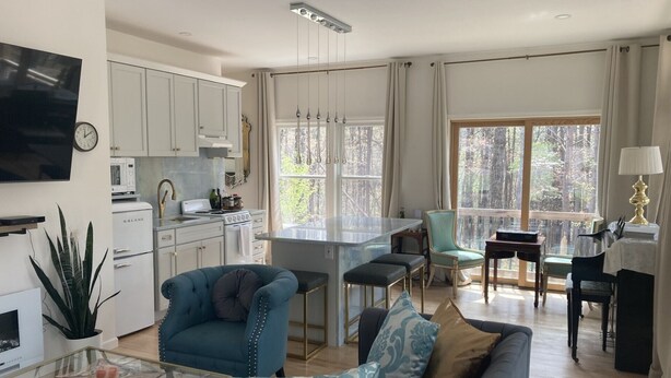 A modern living room with a sofa, a coffee table, and a dining area with a table and chairs. There is a kitchen with white cabinets and appliances. - Glasshouse in the Woods. Five acres of wooded privacy and wildlife. (Augusta)