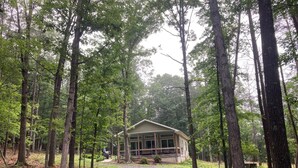 A cabin surrounded by tall trees in a forest. - Glasshouse in the Woods. Five acres of wooded privacy and wildlife. (Augusta)