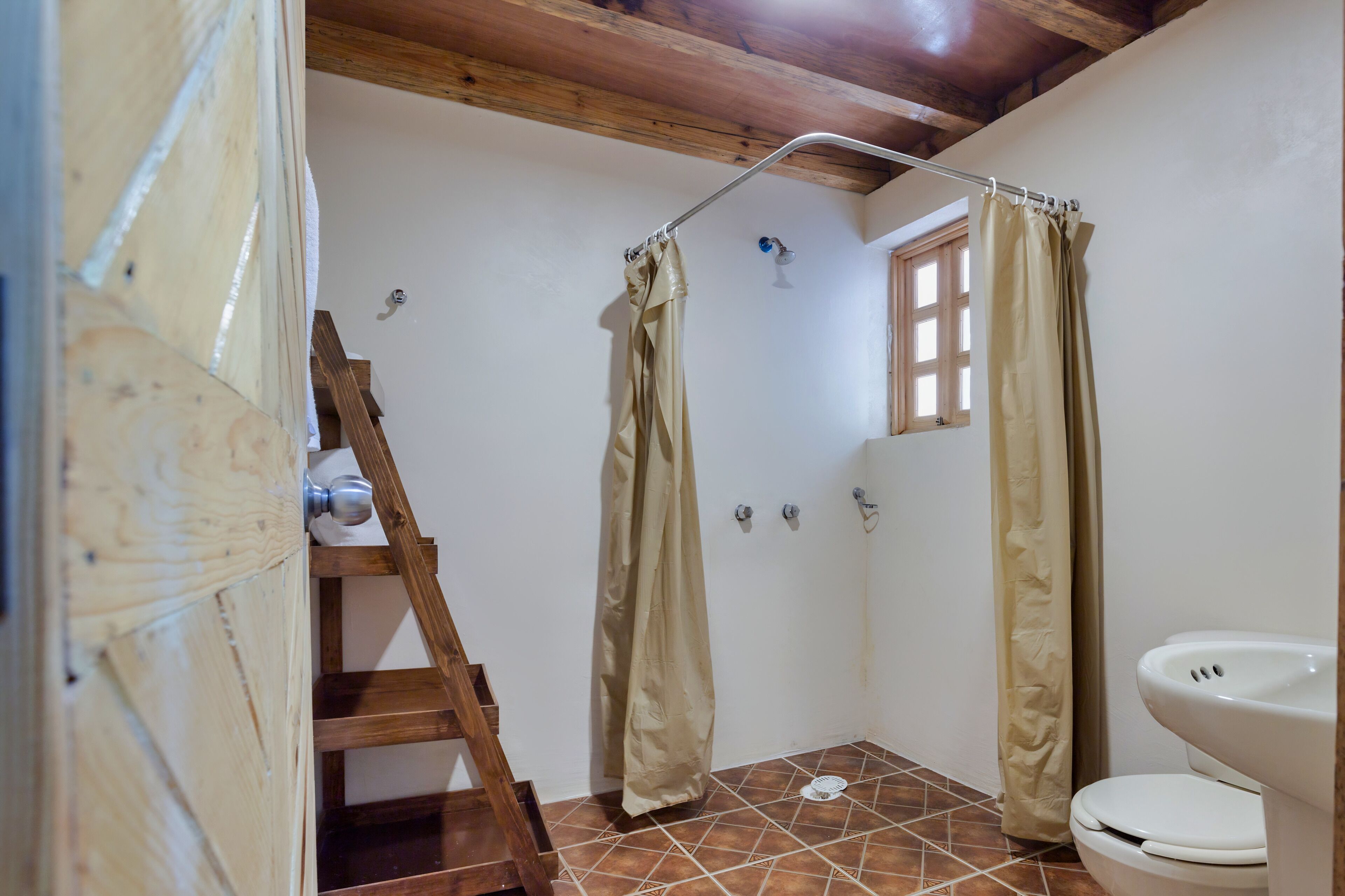 A bathroom with a wooden ladder, a shower curtain, a window, and a sink.